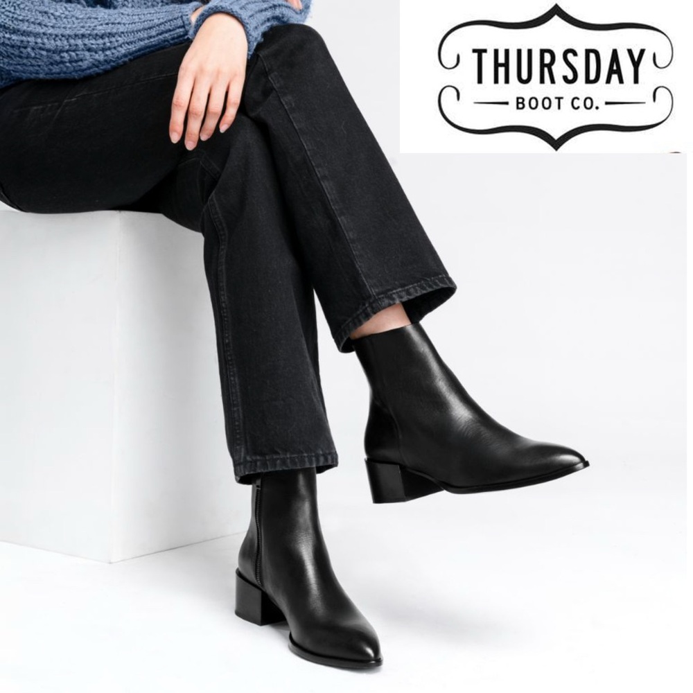 Thursday Boot Company Tempo Pointed Toe 2” Heeled Black Leather Ankle Boots